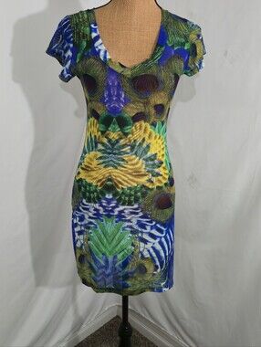 Peacock-Print Mini Cover Up Dress in Blue & Green